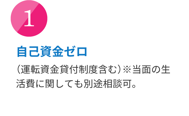 自己資金ゼロ （運転資金貸付制度含む）※当面の生活費に関しても別途相談可。