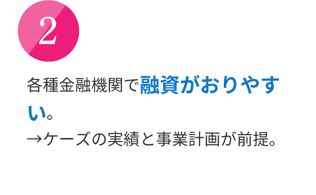各種金融機関で融資がおりやすい。→ケーズの実績と事業計画が前提。